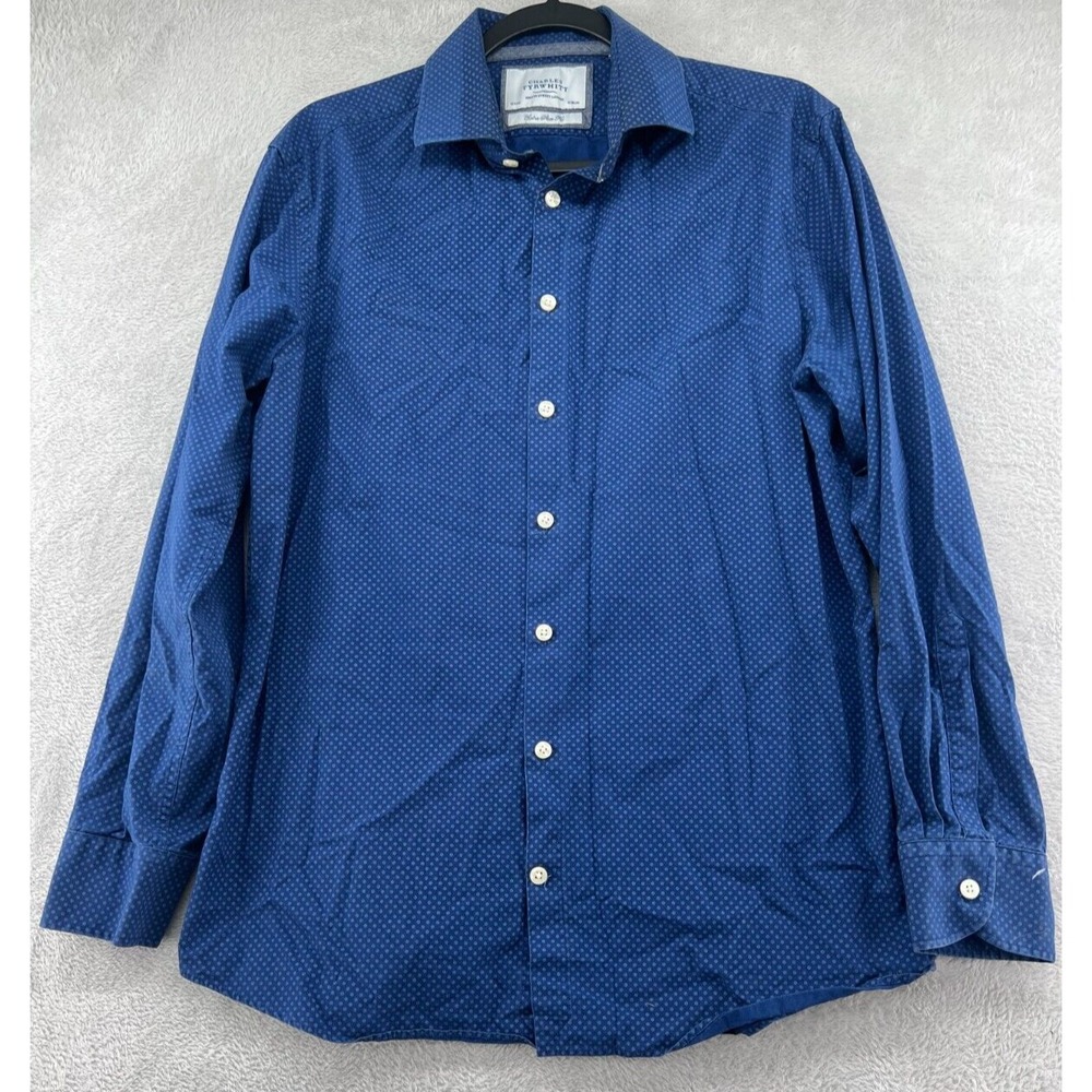 Charles Tyrwhitt Shirt Mens Sz 16 34" Extra Slim Fit Blue Polka Dot Button Up